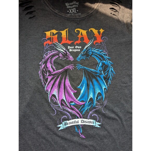 Beautiful Disaster Women's Slay Slash Shoulder Tee Dragons Size XXL - Picture 7 of 12